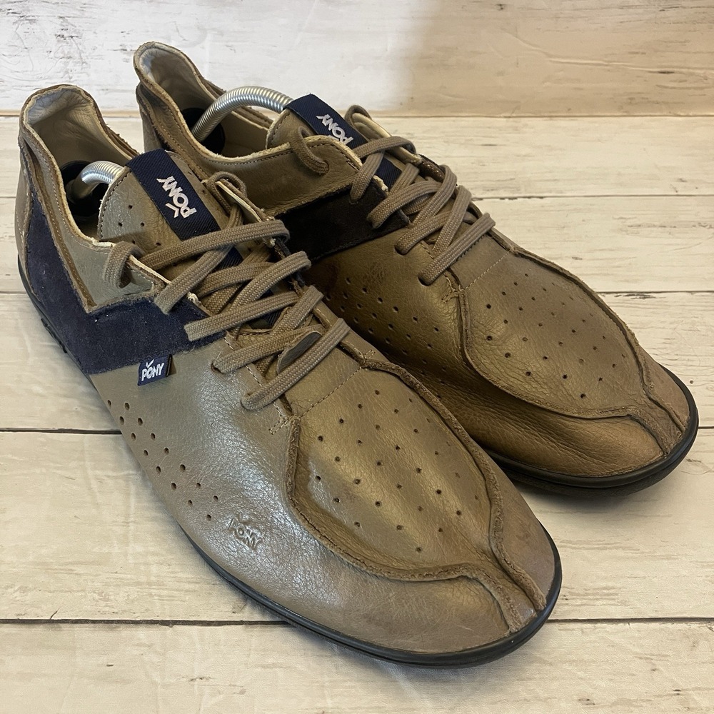 Pony Shoes Mens 12 Tan Navy Leather Sneakers Casual Lace Up Comfort Classic Nice
